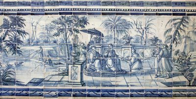 Frugtsmagning nær en sø i Asien - Azulejos, malet fajance af Portuguese School