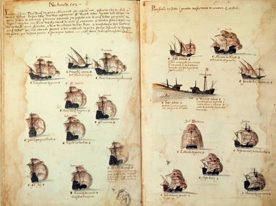 Manuskriptside "" Mindesmærker over armadaerne i Portugal under kong Manuel I (1469-1521)"" repræsenterer de portugisiske flåder. 1533 B.N. Paris af Portuguese School