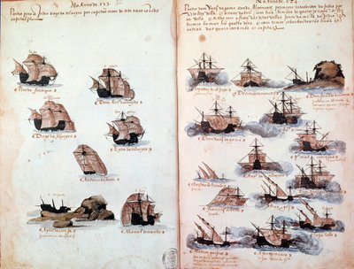 Manuskriptside "" Mindesmærker over armadaerne i Portugal under kong Manuel I (1469-1521)"" repræsenterer de portugisiske flåder. 1523 B.N. Paris af Portuguese School
