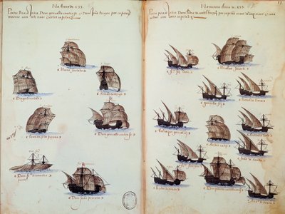 Manuskriptside "" Mindesmærker over armadaerne i Portugal under kong Manuel I (1469-1521)"" repræsenterer de portugisiske flåder af Portuguese School