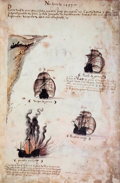 Manuskriptside "" Mindesmærker over armadaerne i Portugal under kong Manuel I (1469-1521)"" repræsenterer de portugisiske flåder af året 1497. 1523 f.Kr. Paris af Portuguese School