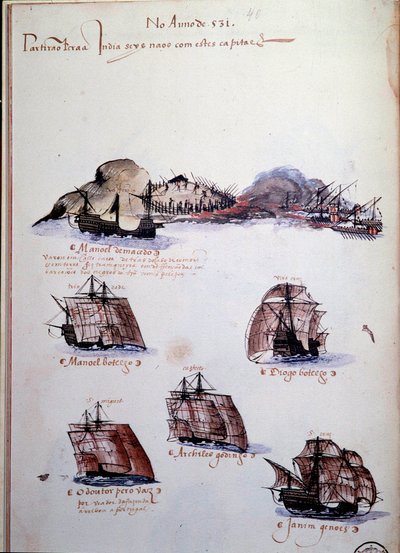 Manuskriptside "" Erindringer om armadaerne i Portugal under kong Manuel I (1469-1521)", der repræsenterer de portugisiske flåder af året 1497. 1500 Lissabon, Nationalmuseet for antik kunst af Portuguese School