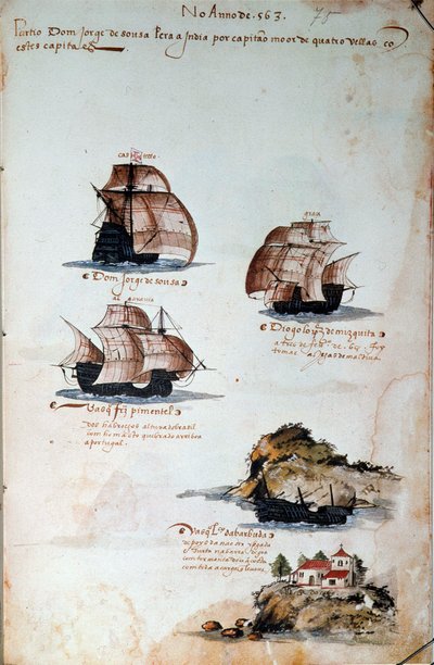 Manuskriptside "" Erindringer om armadaerne i Portugal under kong Manuel I (1469-1521)", der repræsenterer de portugisiske flåder af året 1497. 1500 Lissabon, Nationalmuseet for antik kunst af Portuguese School