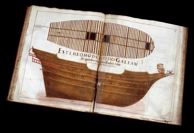 Søarkitektur: side af den arkitektoniske afhandling (Livro de Tracas de Carpintaria) af Manuel Fernandez: skæring af et skib af Portuguese School