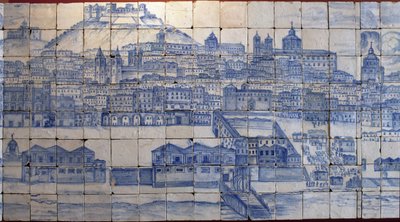 Panoramaudsigt over Lissabon, før jordskælvet i 1755 - Azulejos begyndelsen af det 18. århundrede, paneladvarsel om det tidligere palads for greverne af Tentugal, Lissabon (Store Lissabon panorama før jordskælvet i 1755, fajance tidligt i det 18. århundred af Portuguese School