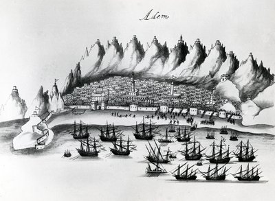 Portugisisk overfald på Aden, illustration fra Legends of India af Gaspar Correia, ca. 1858 af Portuguese School