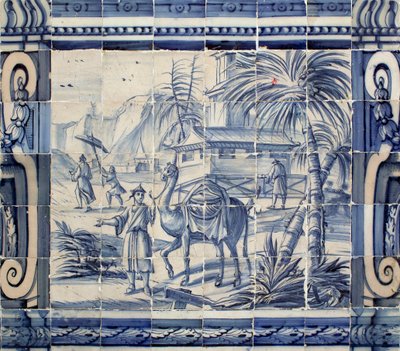 Scene med en kamel i Asien - Azulejos, malet fajance af Portuguese School