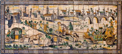 Singerie, hønsets ægteskab - Flisepanel, ca. 1665, fra den gamle gård Cadriceira, i Turcifal, Torres Vedras (Portugal) (Kyllingens bryllup, Flisepanel, ca. 1665) - Musee national des azulejos, Lissabon (Portugal) af Portuguese School