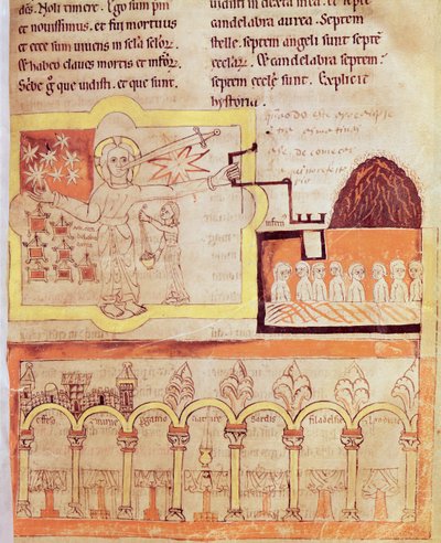 Den første tilsynekomst af Menneskesønnen med de syv kirker i Asien og de syv stjerner, fra apokalypsen af St. Jean de Lorvao af Portuguese School