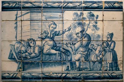 Lægen laver et lavement til en patient - Satirisk panel af Lissabon, første halvdel af det 18. århundrede (Læge - Satirisk panel, første halvdel af det 18. århundrede) - Musee national des azulejos, Lissabon (Portugal) af Portuguese School