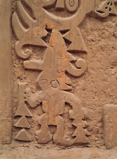Detalje af reliefferne på templet Huaca el Dragon (sten) af Pre Columbian Pre Columbian