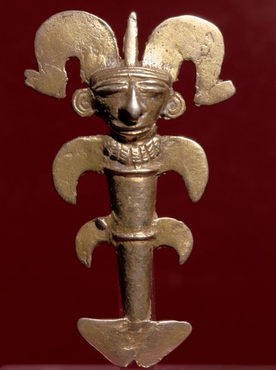 Præcolumbiansk kunst, Quimbaya civilisation (Colombia): antropomorfisk vedhæng i guld. 400-1400 e.Kr. Bogota, Guldmuseum, Colombia af Pre Columbian Pre Columbian