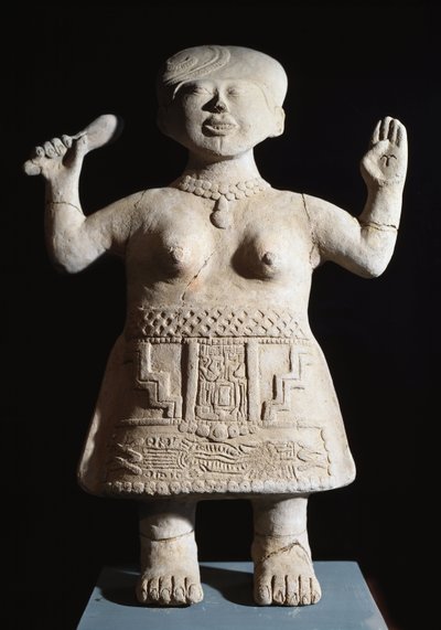 Før colombiansk kunst, Totonac-civilisation: statuette af prætress-arme i luften 6.-9. århundrede efter JC Fra El Tajin (sten) af Pre Columbian Pre Columbian