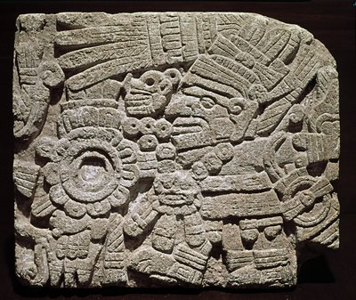 Før colombiansk kunst, blandet civilisation: skulptureret brystparti, der repræsenterer en rigt klædt karakter - fra Oaxaca, Mexicos nationalmuseum for antropologi i Mexico City, Mexico af Pre Columbian Pre Columbian