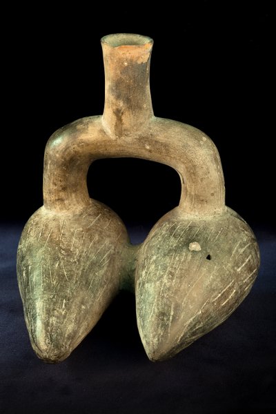 Phytomorph keramik med dobbelt krop og stigbøjlehåndtag / Art pr (terracotta) af Precolombian Precolombian