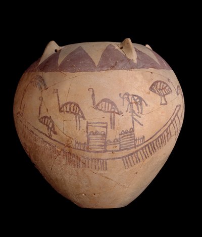 Brændt lerkrukke med malet dekoration, inklusive både og dyr, ca. 3400-3300 f.Kr. (ler) af Predynastic Period Egyptian