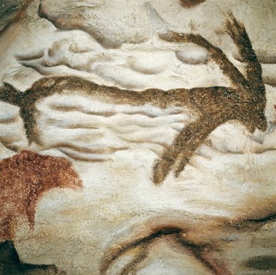 Cervid klippemaleri, Cave de Lascaux, Dordogne, Frankrig, Øvre Paleolithic (Magdalenian) ca. 13000 år siden (maleri) af Prehistoric Prehistoric