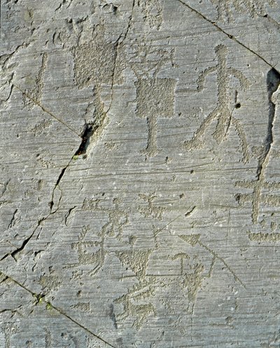 Forhistorie, Camunni civilisation, klippekunst: en gravsten af ​​hjortejagtscener og hverdagsliv i en landsby. Periode mellem yngre stenalder og bronzealder. Capo di Ponte, Naquane Rock Carvings National Park, Valcamonica, Val Camonica, af Prehistoric Prehistoric