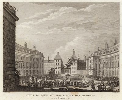 Statue af Louis XIV nedtaget på Place des Victoires af Prieur