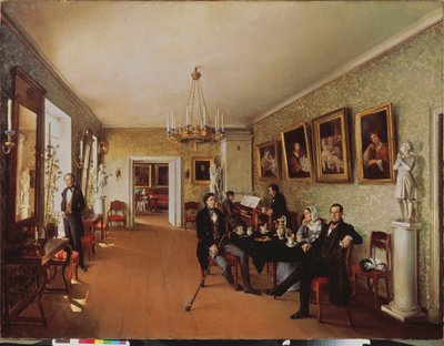 A Family Scene (Daglige aktiviteter ved tetid, nogle spiller klaver, andre lytter, en kvinde i baggrunden syr) - A Family Scene - Maleri af Prokofi Yegorovich Pushkaryev (Pushkaryev) (?-efter 1856), h af Prokophy Egorovich Pushkaryev