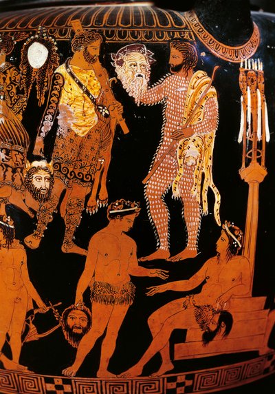 Vase af Pronomos, krater med røde figurer. Detalje, der skildrer Hercules (Heracles), forberedelserne til et satyrisk drama i nærværelse af Dionysus og Ariane, karaktererne holder teatermasker. 400 f.Kr. Napoli, Museo Archeologico Nazionale af Promonos Painter