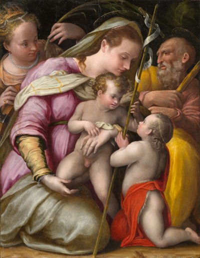 Hellig familie med den hellige Katarina af Alexandria og spædbarnet Johannes Døberen, ca. 1551-1556 (olie på poppelpanel) af Prospero Fontana