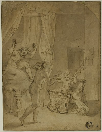 Spædbarnet Hercules kvæler slanger i sin vugge (recto); Kronet kvinde knælende i landskab og andre skitser (verso) af Prospero Fontana