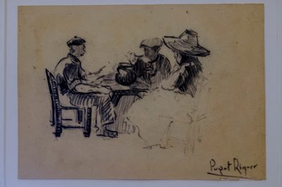 siddende figurer, Narcís Puget Riquer, kultegning, Puget museum, Can LLaudis adelige hus, Dalt Vila, Ibiza, baleariske øer, Spanien af Puget Riquer