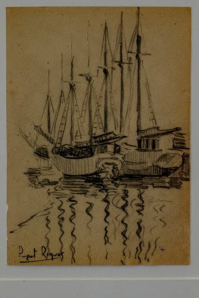 sejlbåde, Narcís Puget Riquer, kultegning, Puget museum, Can LLaudis adelige hus, Dalt Vila, Ibiza, baleariske øer, Spanien af Puget Riquer