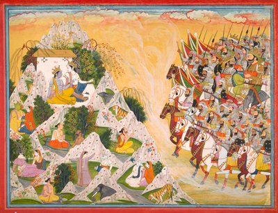 Jarasandhas hær rykker frem mod Krishna og Balrama, folio fra en Mahabharata, ca. 1800-1815. af Purkhu