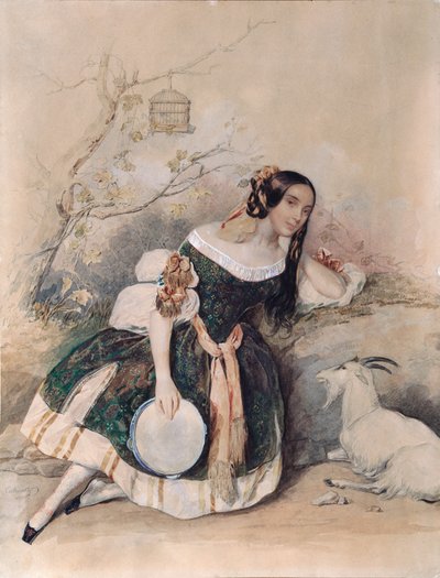 Smaragd. (Ballerina for ballet af Marius Petipa (1818-1910) tilpasset fra ""Notre Dame de Paris"", af Victor Hugo (1802-1885) Værk af Pyotr (Piotr) Fyodorovich Sokolov (Pierre Sokolov) (1791-1848), akvarel, gouache, hvid og guld på papir Art r af Pyotr Fyodorovich Sokolov