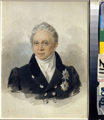 Portræt af grev Charles Robert de Nesselrode (Karl Robert von Nesselrode) (1780-1862). (Portræt af grev K.R. Nesselrode). Værk af Pyotr (Piotr) Fyodorovich Sokolov (Pierre Sokolov) (1791-1848), akvarel på papir, efter 1829. Russisk kunst 1800-tallet af Pyotr Fyodorovich Sokolov