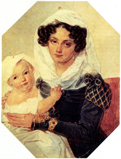 Portræt af grevinde Maria N. Volkonskaya 1805-1863 med søn Nikolay, 1826 af Pyotr Fyodorovich Sokolov