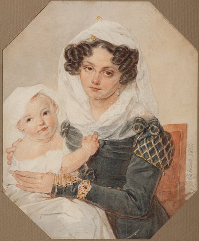 Portræt af Contesse Maria Nikolaevna Volkonskaya 1805-1863 med søn Nikolai, 1826 af Pyotr Fyodorovich Sokolov