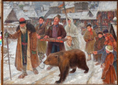 ""Skomorokhernes sang"" (Skomorokhernes sang) Omrejsende kunstnere, bjørnetæmmere i Rusland Maleri af Pyotr Ivanovich Subbotin (Permyak) (1886-1923) af Pyotr Ivanovich Subbotin