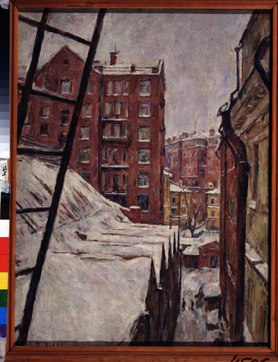 21 Myasnitskaya street, Moskva (Myasnitskaya street, 21). Bylandskab under sneen. Maleri af Pyotr Ivanovich Lvov (1882-1944), olie på lærred af Pyotr Ivanovich Lvov