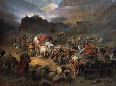 Bjergbestigere forlader aul før den russiske hær nærmer sig, 1872 af Pyotr Nikolayevich Grusinsky