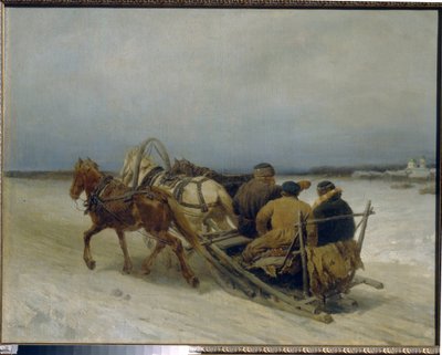 Trojka om vinteren. (Traditionelt russisk træk, trukket af tre heste). Maleri af Pyotr (Piotr) Petrovich Sokolov (1821-1899), olie på lærred af Pyotr Petrovich Sokolov