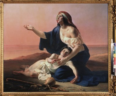 Agar og Ismael i ørkenen. (Den egyptiske tjener af Abraham, med profetens analfabeter barn, jager i ørkenen, når vandet mislykkes). Maling af Pyotr Stepanovich Petrovsky (1814-1842), olie på lærred af Pyotr Stepanovich Petrovsky