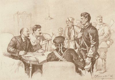 Lenin og Stalin taler til rødgardister i Smolnyj, 1917, 1939. af Pyotr Vasilyev