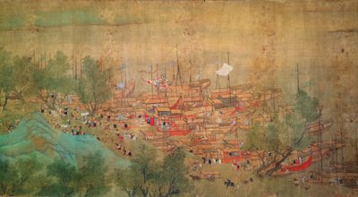 Kejser Kang Shis tur til Kiang-Han i 1699, efter Chaio Ping Chen (1661-1722) (blæk og farve på silkepapir) af Qing Dynasty Chinese School