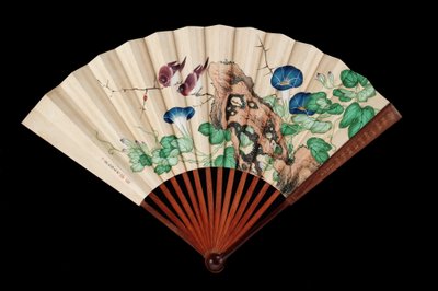 Ventilator dekoreret med små fugle og morgenfruer (blæk & farve på papir) af Qing Dynasty Chinese School