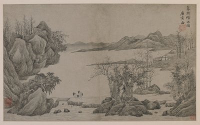 Flodlandskab og træsamlere (blæk på papir) af Qing Dynasty Chinese School