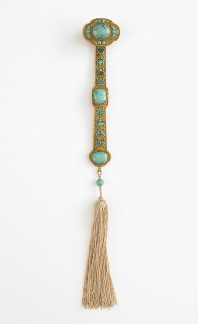 Ruyi scepter, Qianlong regeringstid (guld, turkis og silke) af Qing Dynasty Chinese School