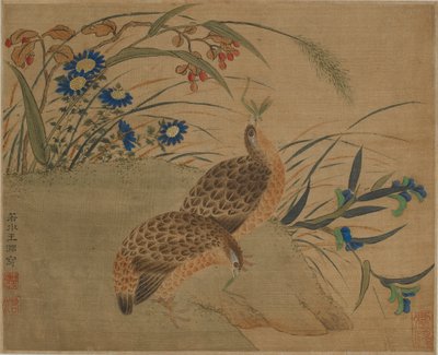 To vagtler, der spiser græshopper under blomster af Qing Dynasty Chinese School