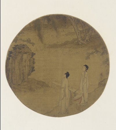 To kvinder med en qin (citer) af Qing Dynasty Chinese School