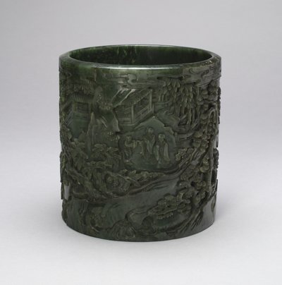 Børstepotte med lærde og ledsagere i et bjergrigt landskab (jade med udskåret dekoration) af Qing Dynasty Chinese School