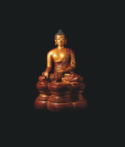Monumental Imperial forgyldt-lakeret træfigur af Medicin Buddha af Qing Dynasty Chinese School