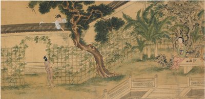Scene fra skuespillet Romance of the West Chamber, af Wang Shifu, 1500-tallet. af Qiu Ying