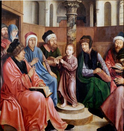Jesus blandt lægerne Maleri af Quentin Metsys (1466-1530) (ec.flam.) Lissabon, Museo di Arte Antica af Quentin Massys or Metsys